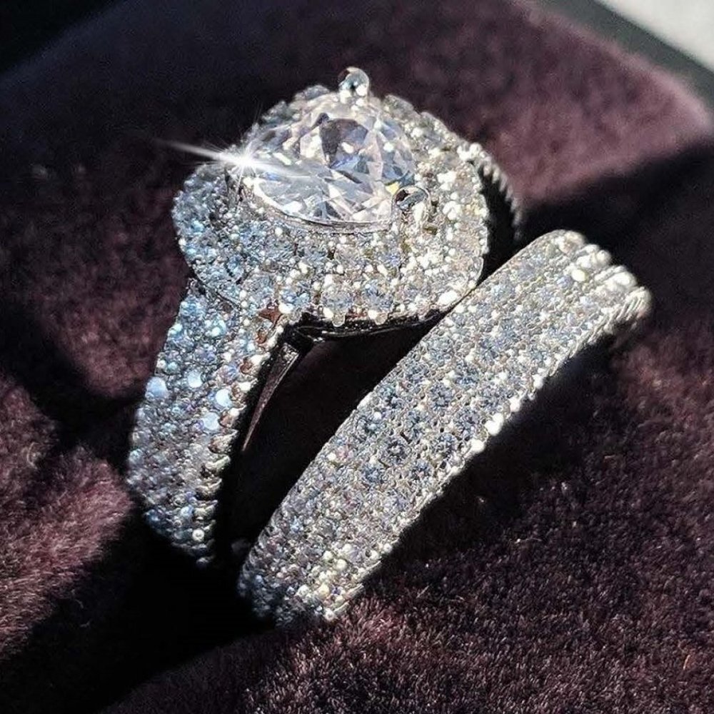 Sadie Engagement Ring & Band Set - 925 Silver - Heart-shaped AAA CZ-Pave  NEW